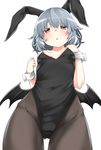  :o animal_ears bare_shoulders bat_wings black_legwear breasts bunny_ears bunnysuit commentary_request fake_animal_ears from_below grey_hair highres kz_oji leotard looking_at_viewer red_eyes remilia_scarlet short_hair simple_background slit_pupils small_breasts solo thigh_gap touhou white_background wings wrist_cuffs 