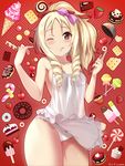  ;q apron bad_id bad_pixiv_id blonde_hair blush bow breasts brown_eyes cake candy candy_cane cherry chocolate_bar cookie cowboy_shot cupcake doughnut drill_hair eromanga_sensei food fruit hair_bow halftone ice_cream ladle lollipop looking_at_viewer medium_breasts nearly_naked_apron one_eye_closed panties pinky_out pointy_ears ponytail popsicle rods see-through sidelocks solo strawberry tongue tongue_out twin_drills underwear white_panties wide_hips yamada_elf 