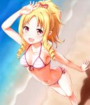  :d arm_up bad_revision bare_shoulders beach bikini blonde_hair blush bow breasts day downscaled_revision drill_hair drill_locks eromanga_sensei faubynet feet_out_of_frame groin hair_bow highres hips long_hair looking_at_viewer md5_mismatch medium_breasts navel open_mouth outdoors ponytail red_eyes shadow smile solo striped striped_bikini swimsuit underboob yamada_elf 