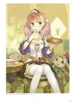  atelier_(series) atelier_escha_&amp;_logy black_skirt blush breasts cleavage eating escha_malier fingernails green_eyes hair_ornament hidari_(left_side) highres indoors long_hair looking_at_viewer medium_breasts miniskirt open_mouth pink_hair sitting skirt solo thighhighs twintails white_legwear zettai_ryouiki 