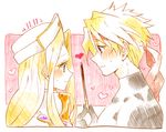  1boy 1girl blonde_hair blue_eyes blush brown_eyes cless_alvein dress hat headband heart long_hair mint_adenade pocky tales_of_(series) tales_of_phantasia 