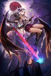  armor armored_boots bangs bare_shoulders black_footwear black_gloves boots breasts camisole chemise commentary_request dark_jeanne eruthika gloves granblue_fantasy grey_hair hand_up highres holding holding_sword holding_weapon jeanne_d'arc_(granblue_fantasy) knee_boots long_hair medium_breasts parted_lips purple_skirt red_eyes single_glove single_vambrace skirt solo sword vambraces very_long_hair weapon wings 