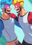  2boys against_wall arms_(game) blonde_hair blue_hair kemukemuke male_focus mask multiple_boys penis pubic_hair tagme undressing yaoi 