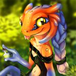  anthro breasts clothed clothing ear_piercing female holding_object lizard piercing reptile scalie shalinka smile solo tongue yellow_eyes 