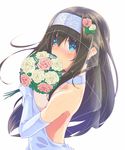  alternate_costume backless_dress backless_outfit black_hair blue_eyes blush bouquet breasts bridal_veil commentary_request covering_mouth dress elbow_gloves flower gloves hairband highres hujikok idolmaster idolmaster_cinderella_girls large_breasts long_hair looking_at_viewer sagisawa_fumika simple_background solo veil wedding_dress white_background 