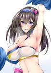  arm_up armpits bare_shoulders black_hair blue_eyes blue_hairband blush bow breasts cheerleader choker cleavage commentary_request hair_between_eyes hairband highres idolmaster idolmaster_cinderella_girls large_breasts long_hair looking_at_viewer midriff navel open_mouth pom_poms sagisawa_fumika sankakusui shiny shiny_skin skindentation smile solo strapless sweat tubetop 