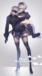  1girl black_dress black_gloves black_hairband blindfold boots carrying choker cleavage_cutout copyright_name covered_eyes dress gloves grey_background hairband highres mole mole_under_mouth nier_(series) nier_automata princess_carry short_hair silver_hair thigh_boots thighhighs thighhighs_under_boots tubumi yorha_no._2_type_b yorha_no._9_type_s 