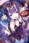  :d alcohol bangs blunt_bangs blurry blush breasts commentary_request cup depth_of_field eyebrows_visible_through_hair fangs fate/grand_order fate_(series) from_above holding horns japanese_clothes kimono looking_at_viewer nekometaru oni oni_horns open_mouth petals purple_eyes purple_hair revealing_clothes sakazuki sake seiza shiny shiny_skin short_hair shuten_douji_(fate/grand_order) sitting small_breasts smile solo water 
