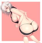  absurdres ass back backless_dress backless_outfit bare_arms bare_back bent_over black_panties black_sweater blonde_hair blush breasts dress fate/grand_order fate_(series) g-string hibi_(grangcat) highres jeanne_d'arc_(alter)_(fate) jeanne_d'arc_(fate)_(all) large_breasts looking_back meme_attire naked_sweater panties short_hair sideboob simple_background solo sweater sweater_dress thong underwear virgin_killer_sweater yellow_eyes 