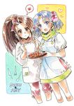  2girls amy_barklight apron blue_eyes blue_hair blush brown_eyes brown_hair dress hair_ornament heart long_hair multiple_girls pants ponytail short_hair suzu_fujibayashi tales_of_(series) tales_of_phantasia 