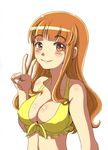  breasts cleavage girls_und_panzer highres long_hair looking_at_viewer medium_breasts orange_eyes orange_hair simple_background smile solo takebe_saori v white_background yellow_bikini_top zatou_(kirsakizato) 