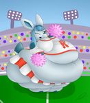  2017 anthro big_breasts big_butt breasts butt cheerleader clothing dullpoint eeveelution female fur glaceon looking_at_viewer mammal nintendo obese open_mouth overweight pok&eacute;mon simple_background solo thick_thighs video_games 