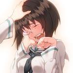  bad_id bad_pixiv_id black_neckwear blush broken_eyewear brown_hair crying eyebrows_visible_through_hair fingernails girls_und_panzer hand_on_another's_head hand_on_own_cheek head_tilt kawashima_momo long_fingernails long_sleeves monocle multiple_girls neckerchief ooarai_school_uniform opening_door out_of_frame pairan petting raised_eyebrows school_uniform serafuku short_hair simple_background solo_focus tears teeth upper_body yellow_background 