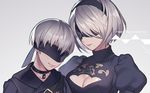  1girl black_hairband blindfold choker cleavage_cutout copyright_name covered_eyes grey_background hairband mole mole_under_mouth nier_(series) nier_automata short_hair silver_hair tubumi yorha_no._2_type_b yorha_no._9_type_s 