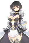  1girl armor black_hair breasts closed_mouth erika_(shadowverse) gloves highres looking_at_viewer nac000 purple_eyes shadowverse short_hair simple_background skirt smile solo thighhighs white_background 