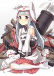  blush cannon commentary dabadhi flag grey_eyes hat highres inuyama_(oshiro_project) looking_at_viewer oshiro_project oshiro_project_re silver_hair sitting solo thighhighs torn_clothes torn_legwear white_background white_flag 