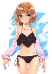  arms_at_sides ass_visible_through_thighs asuzemu bangs bare_shoulders bikini black_ribbon blue_eyes blush breasts cleavage closed_mouth collarbone detached_sleeves eyebrows_visible_through_hair halterneck highres light_frown looking_at_viewer mizuhashi_parsee navel orange_hair parted_bangs pointy_ears ribbon shiny shiny_skin short_hair short_sleeves side-tie_bikini small_breasts solo stomach swimsuit tareme thigh_gap touhou two-tone_background 