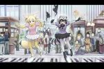  :3 animal_ears audience big_(movie) black_hair blonde_hair bow bowtie chromatic_aberration commentary common_raccoon_(kemono_friends) fennec_(kemono_friends) fox_ears fox_tail gloves kemono_friends movie_reference multicolored_hair multiple_girls older open_mouth parody piano_keys puffy_short_sleeves puffy_sleeves raccoon_ears raccoon_tail short_hair short_sleeves skirt smile standing standing_on_one_leg tail thighhighs ueyama_michirou 