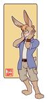  big_ears big_eyes blue_shirt blush brown_fur clothed clothing cute digitigrade earclip embarrassed fur grey_eyes hair hands_on_face lagomorph male mammal nepomuk_(character) solo standing tawa tawawawa wristband 