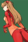  arms_at_sides ass bodysuit bracer breasts brown_hair closed_mouth dutch_angle evangelion:_2.0_you_can_(not)_advance from_side gloves glowing green_background green_eyes hairpods hatakenaka_(kamagabuchi) headgear highres long_hair looking_at_viewer looking_back multicolored multicolored_bodysuit multicolored_clothes neon_genesis_evangelion neon_trim orange_bodysuit pilot_suit plugsuit profile rebuild_of_evangelion red_bodysuit see-through shikinami_asuka_langley simple_background skin_tight small_breasts solo souryuu_asuka_langley standing test_plugsuit thighs turtleneck two_side_up 