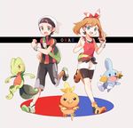  1girl bike_shorts black_shorts blue_eyes brown_hair collarbone eyebrows_visible_through_hair gen_3_pokemon grey_background hair_ribbon haruka_(pokemon) hat holding holding_poke_ball long_hair looking_at_viewer mei_(maysroom) mudkip one_eye_closed poke_ball pokemon pokemon_(creature) pokemon_(game) pokemon_oras red_ribbon red_shirt ribbon shirt short_shorts shorts shorts_under_shorts simple_background sleeveless sleeveless_shirt torchic treecko white_hat white_shorts yuuki_(pokemon) 