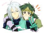  2boys armor blue_eyes brown_eyes gloves green_hair grin headband long_hair multiple_boys open_mouth silver_hair tales_of_(series) tales_of_rebirth tytree_crowe v veigue_lungberg 