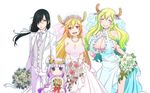  1boy 3girls :&gt; aqua_dress bangs bare_shoulders black_hair blonde_hair blue_eyes blue_hair blunt_bangs blush bouquet braid breast_squeeze breasts dragon_girl dragon_horns dress eyes_closed fafnir_(maidragon) fang flower formal frilled_dress frills frown fukai_(yas_lions) glasses gloves gradient_hair green_hair hair_flower hair_ornament hair_ribbon hand_on_own_chest horns jewelry kanna_kamui kobayashi-san_chi_no_maidragon large_breasts lavender_hair lily_(flower) long_hair long_sleeves looking_at_viewer low_twintails multicolored_hair multiple_girls necklace necktie open_mouth pearl_necklace pince-nez pink_dress quetzalcoatl_(maidragon) red_eyes ribbon rose signature simple_background slit_pupils smile source_request suit tooru_(maidragon) twin_braids twintails veil vest wallpaper wedding_dress white_background white_necktie white_ribbon white_suit white_vest 