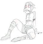  2017 :| anthro arm_support avian beak belly belt biped bird black_hair black_nails boots clothed clothing colored_nails corvid crop_top crow crowe_(mightyworld) digital_drawing_(artwork) digital_media_(artwork) female footwear full-length_portrait goth hair hi_res humanoid_hands inverted_cross mightyworld monochrome navel portrait reclining red_eyes shirt short_hair shorts simple_background sitting skimpy slit_pupils solo spot_color surprise white_background wide_eyed wrist_cuff 