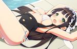  9law :o alternate_costume arm_up bangs bikini black_hair blunt_bangs blush breasts brown_hair eyebrows_visible_through_hair fleur_de_lapin_uniform gochuumon_wa_usagi_desu_ka? green_eyes headdress long_hair looking_at_viewer lying medium_breasts pool poolside solo swimsuit ujimatsu_chiya very_long_hair white_bikini 