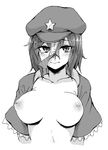  bangs blush breasts breasts_apart closed_mouth collarbone eyebrows_visible_through_hair greyscale hair_between_eyes hat inverted_nipples looking_at_viewer medium_breasts miyako_yoshika monochrome nathaniel_pennel nipples no_bra ofuda open_clothes short_hair short_sleeves simple_background solo star touhou upper_body white_background 