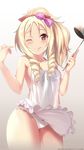  ;q apron blonde_hair blush bow breasts brown_eyes cowboy_shot drill_hair eromanga_sensei gradient gradient_background hair_bow highres ladle long_hair looking_at_viewer medium_breasts nearly_naked_apron one_eye_closed panties pointy_ears ponytail rods see-through sidelocks solo tongue tongue_out twin_drills underwear white_panties wide_hips yamada_elf 