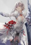  armor armored_dress asymmetrical_hair breasts cleavage commentary_request cowboy_shot dress greatsword grey_background grey_eyes highres kouzuki_kei long_sleeves looking_to_the_side medium_breasts parted_lips silver_hair sinoalice snow_white_(sinoalice) solo thighhighs white_dress 