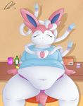  2017 anthro big_breasts breasts clothed clothing dullpoint eeveelution eyes_closed female nintendo obese overweight pok&eacute;mon simple_background solo sylveon thick_thighs video_games 