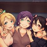  :d \m/ arm_around_shoulder ayase_eli blonde_hair blue_bow blue_eyes bow commentary_request frills green_bow green_eyes grin group_picture hair_between_eyes hair_bow hand_on_another's_shoulder looking_at_viewer love_live! love_live!_school_idol_project multiple_girls open_mouth pink_bow purple_hair red_eyes sleeveless smile strapless striped striped_bow suito toujou_nozomi twintails twitter_username upper_body v-neck yazawa_nico 