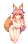  absurdres animal_ears bikini blue_bikini blush breasts cleavage covered_nipples fate/extra fate/grand_order fate_(series) fox_ears fox_tail hibi_(grangcat) highres large_breasts long_hair looking_at_viewer navel pink_hair simple_background solo swimsuit tail tamamo_(fate)_(all) tamamo_no_mae_(fate) tamamo_no_mae_(swimsuit_lancer)_(fate) white_background yellow_eyes 