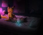  2017 after_sex animal_genitalia animal_penis bed blush cum detailed_background digital_media_(artwork) duo eevee eyes_closed female feral feral_on_feral fur holy_undine jason_the_pikachu lava_lamp luna_the_eevee lying male male/female monochrome nintendo on_back on_bed open_mouth penis pikachu pillow pok&eacute;mon rymherdier video_games 