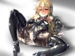  1girl blonde_hair blush censored cum cum_in_pussy cum_on_body fangs latex long_hair original pointy_ears red_eyes standing standing_on_one_leg thighhighs usuki_(graygreed) 