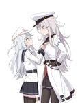 anger_vein bad_id bad_pixiv_id black_gloves blue_eyes cnm coat commentary cowboy_shot eye_contact from_side gangut_(kantai_collection) gloves hands_on_hips hat height_difference hibiki_(kantai_collection) highres jacket kantai_collection light_smile long_hair long_sleeves looking_at_another military military_uniform miniskirt multiple_girls pantyhose peaked_cap red_eyes school_uniform serafuku silver_hair size_difference skirt thighhighs uniform verniy_(kantai_collection) 