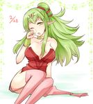  bare_shoulders breasts chiki cleavage dated dress fire_emblem fire_emblem:_kakusei fire_emblem:_monshou_no_nazo green_eyes green_hair hand_on_own_face large_breasts legs_together long_hair looking_at_viewer mamkute older one_eye_closed open_mouth pink_legwear pointy_ears ponytail shougayaki_(kabayaki_3) sitting sketch solo thighhighs white_background wristband yawning 