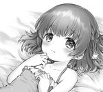  bad_id bad_pixiv_id bangs bed_sheet blush braid bunny_hair_ornament closed_mouth collarbone commentary_request eyebrows_visible_through_hair greyscale hair_ornament hand_up konayama_kata looking_at_viewer lying monochrome on_back original side_braid solo 