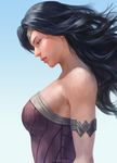  armlet armor artist_name bare_shoulders black_hair blue_sky breasts dc_comics from_side gradient gradient_background kamiyamark long_hair looking_down md5_mismatch medium_breasts parted_lips realistic signature sky solo strapless superhero tiara upper_body wonder_woman wonder_woman_(series) 