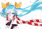  ahoge bandaid bandaid_on_nose blue_eyes blue_hair chuuko_anpu common_world_domination_(vocaloid) floating_hair hatsune_miku highres long_hair looking_at_viewer scarf solo twintails very_long_hair vocaloid white_background 