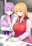  antenna_hair apron bangs blonde_hair breasts closed_mouth collarbone commentary_request cooking cutting dacchi eyebrows_visible_through_hair green_eyes hair_between_eyes highres kitchen knife large_breasts long_hair long_sleeves low_twintails medium_breasts multiple_girls open_mouth purple_eyes purple_hair school_uniform serafuku smile teeth tsurumaki_maki twintails vocaloid voiceroid yuzuki_yukari 