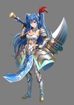  aqua_eyes armor blue_hair breasts cleavage commentary detached_sleeves elbow_gloves gloves grey_background hair_ornament long_hair medium_breasts official_art oshiro_project oshiro_project_re over_shoulder shamakho solo twintails weapon weapon_over_shoulder yodo_(oshiro_project) 
