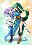  armor blouse blue_background blush boots box breastplate breasts chocolate circlet dress elbow_gloves embarrassed fingerless_gloves fire_emblem fire_emblem:_rekka_no_ken fire_emblem_heroes florina full_body gift gift_box gloves green_eyes green_hair high_ponytail highres jewelry knees_together_feet_apart large_breasts lavender_hair leg_up long_hair looking_at_viewer lyndis_(fire_emblem) multiple_girls open_mouth ponytail short_hair smile standing sword thigh_boots thighhighs very_long_hair weapon yuino_(fancy_party) zettai_ryouiki 
