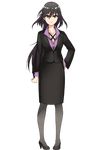  1girl bangs black_eyes black_hair black_legwear black_shoes black_skirt full_body hand_on_hip high_heels long_hair looking_at_viewer official_art pigeon-toed project_tokyo_dolls setsuna_(project_tokyo_dolls) shoes simple_background skirt skirt_suit solo square_enix standing transparent_background 