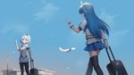  ahoge aircraft airplane bili_girl_22 bili_girl_33 bilibili_douga black_legwear blue_hair blue_skirt facing_another gloves highres holding holding_phone long_hair looking_at_another mool_yueguang multiple_girls phone puffy_short_sleeves puffy_sleeves red_eyes short_hair short_sleeves side_ponytail skirt suitcase thighhighs waving white_gloves 
