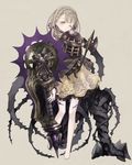  armor axe bangs barefoot braid briar_rose_(sinoalice) closed_mouth commentary_request crown_braid expressionless eyebrows_visible_through_hair fantasy full_body grey_background grey_eyes grey_hair holding holding_weapon looking_at_viewer one_eye_closed oro_ponzu puppet simple_background sinoalice solo standing weapon 
