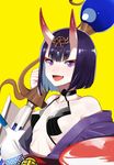  :d bangs breasts commentary eyebrows_visible_through_hair fang fate/grand_order fate_(series) headpiece highres holding holding_sword holding_weapon horns looking_at_viewer oni oni_horns open_mouth pinch_(nesume) purple_eyes purple_hair revealing_clothes short_eyebrows short_hair shuten_douji_(fate/grand_order) simple_background small_breasts smile solo sword thick_eyebrows upper_body weapon yellow_background 