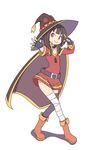  1girl asymmetrical_legwear bandage bandaged_leg belt black_gloves black_legwear black_thighhighs boots brown_hair cape collar dress female fingerless_gloves full_body gloves hat kono_subarashii_sekai_ni_shukufuku_wo! looking_at_viewer megumin nana-ine red_dress red_eyes short_dress short_hair short_hair_with_long_locks sidelocks simple_background single_thighhigh smile solo standing thighhighs white_background witch_hat 